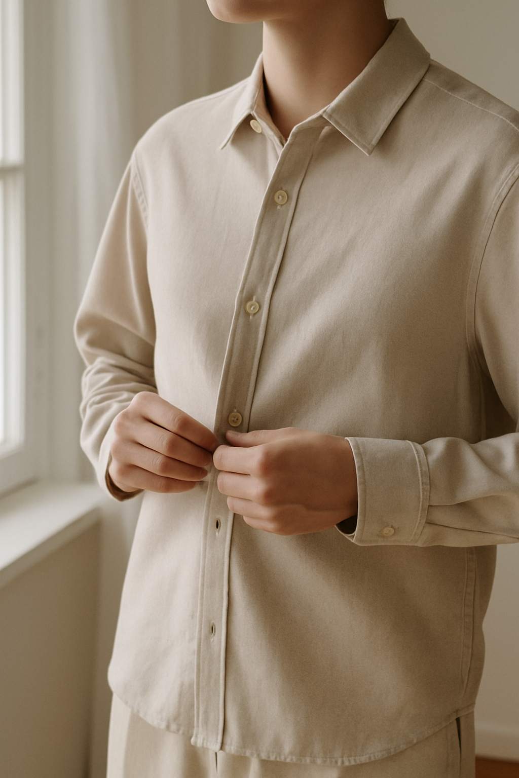 Person calmly buttoning a beige shirt near a window, highlighting simple dressing and quiet confidence in soft natural light.