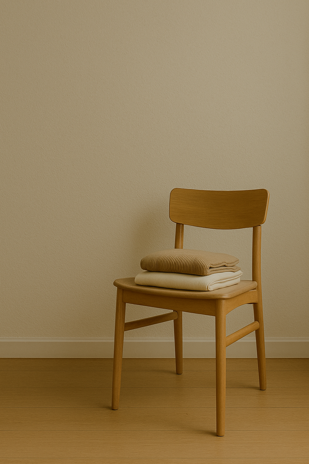 A wooden chair with neatly folded neutral clothing in a calm, empty room filled with soft natural light.