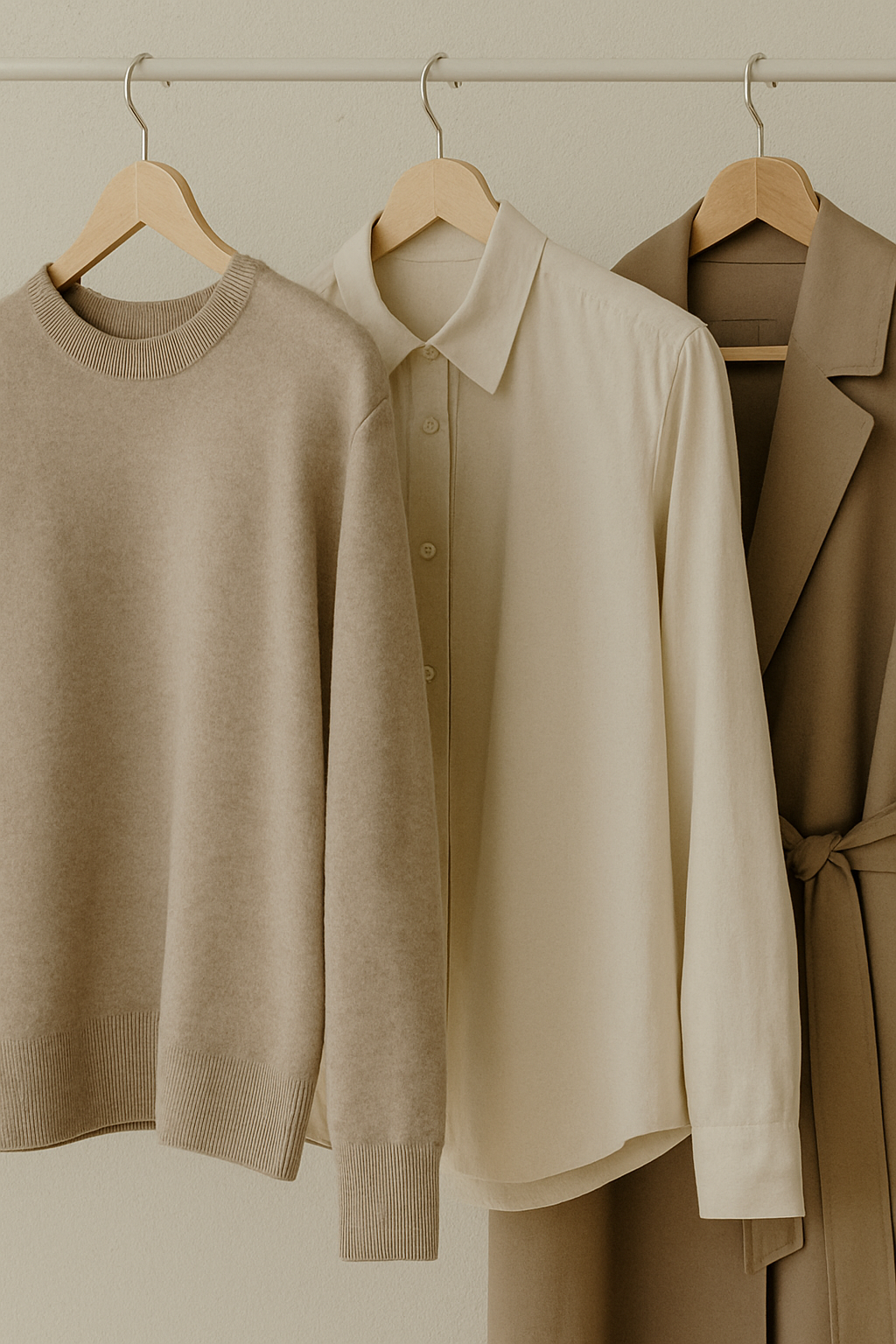 Neutral-toned clothing essentials hanging on wooden hangers, featuring a beige sweater, off-white shirt, and taupe coat in soft natural light.