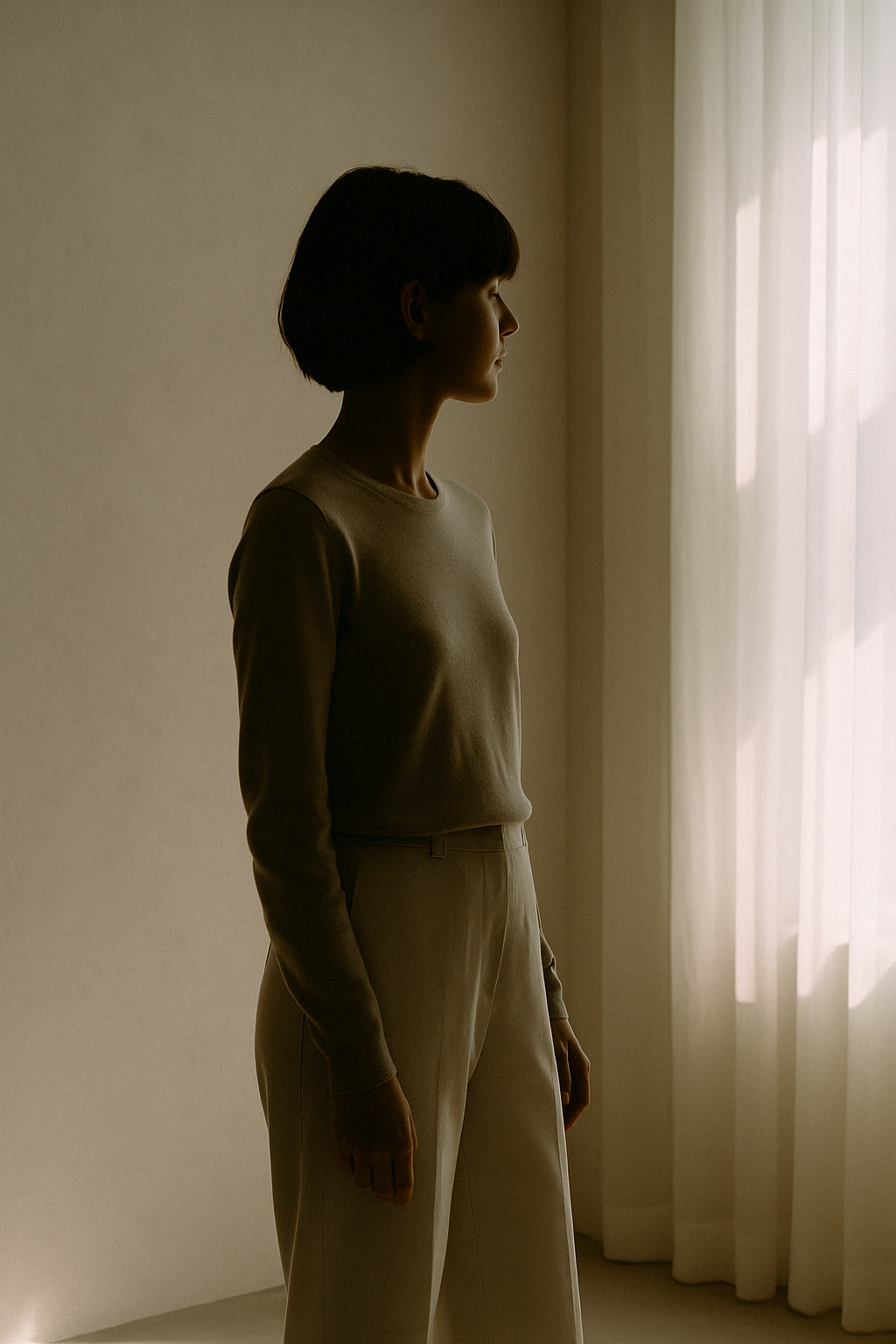 Person standing calmly near a window in soft natural light, wearing neutral clothing that reflects quiet confidence and inner calm.