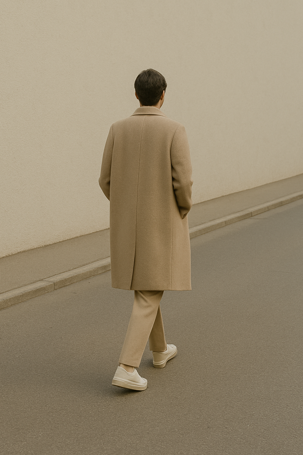 A single person in neutral clothing walking away down a quiet, empty street, surrounded by wide negative space, conveying calm confidence and simplicity.
