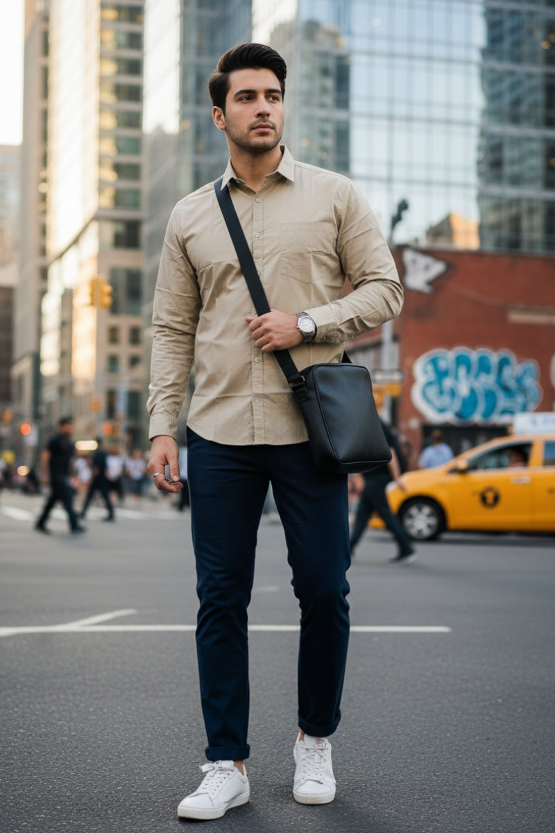 Men's beige relaxed fit cotton shirt with chest pocket front view with sling bag by Quiet Soul worn by model on road background